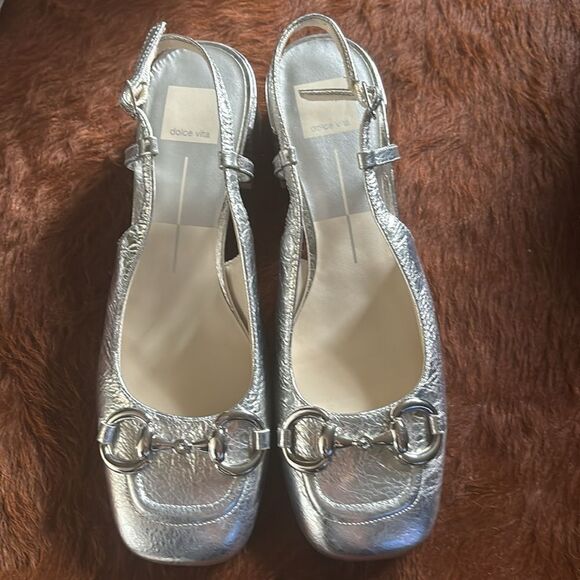 Dolce Vita Melli Silver Distressed Leather Heels Sandals Size 9 / New - Picture 7 of 8
